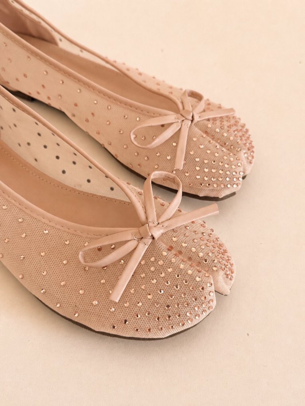 Nude Mesh Crystal Mesh Tabi Ballet Flat with Bow Detail